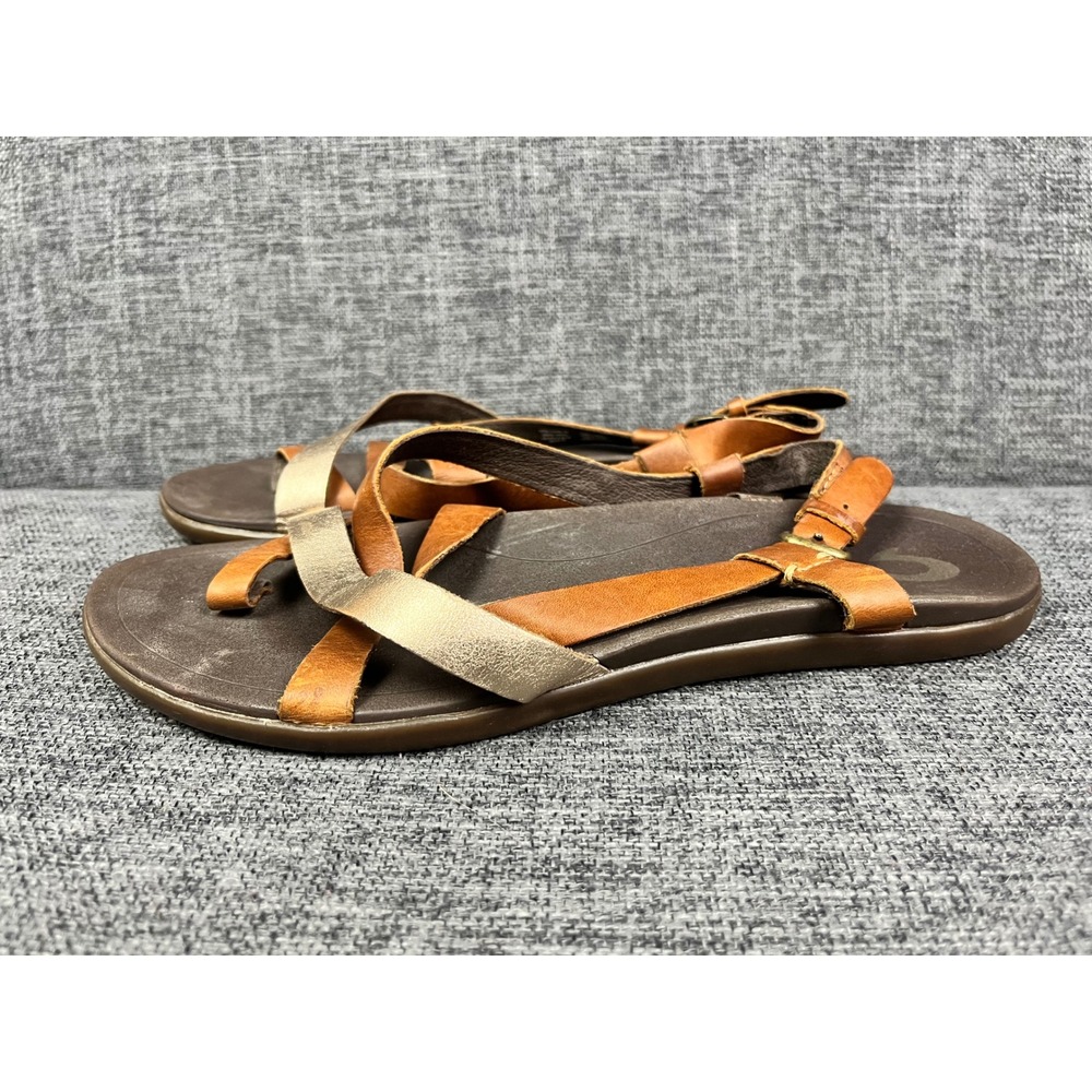 OluKai Upena Sandals Womens 9 Kona Coffee Champagne Leather Strappy - Picture 4 of 14